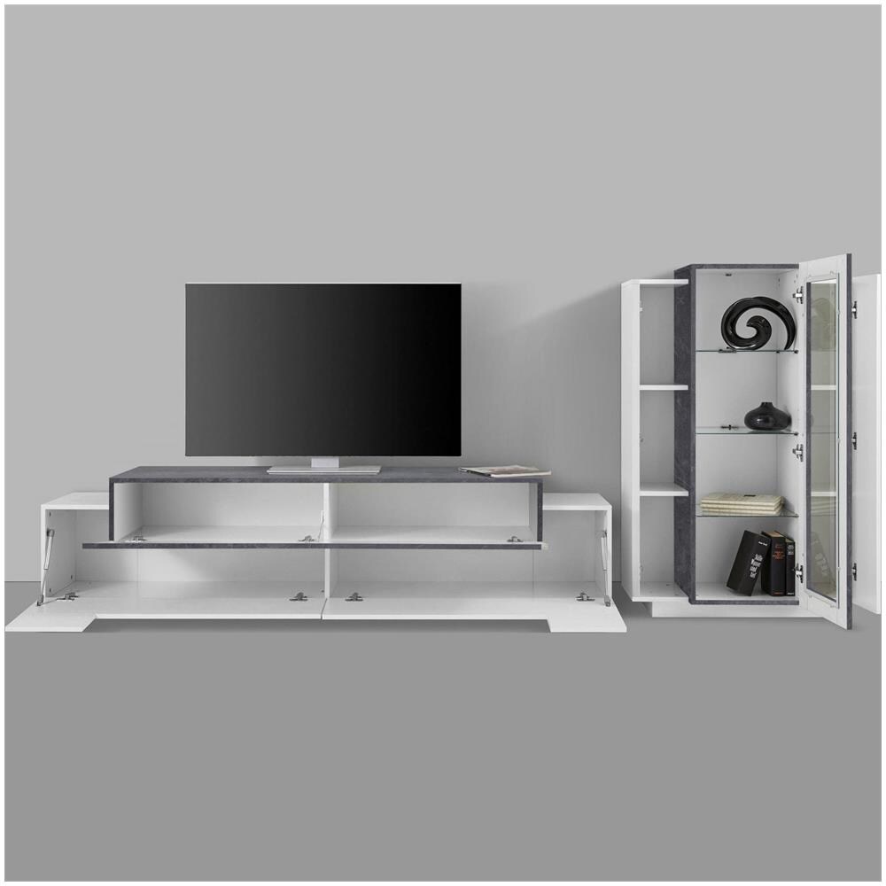 Parete Attrezzata Mirko, Set Salotto Porta Tv, Mobile Soggiorno Multiuso, 100% Made In Italy, Cm 280x45h121, Bianco Lucido E Ardesia - Foto 4