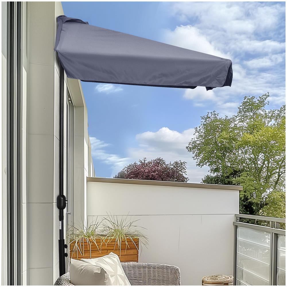 Ombrellone Semicircolare da Parete 2.5x2.3m, con Apertura a Manovella, in Metallo e Poliestere, Grigio - Foto 2