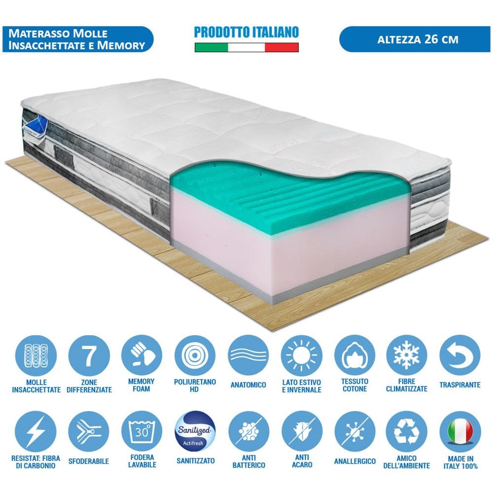 Materasso A 800 Molle Insacchettate E Memory Fresh Sfoderabile California Singolo 80x190 Con Fodera In Thermofibra E Carbonio - Foto 1