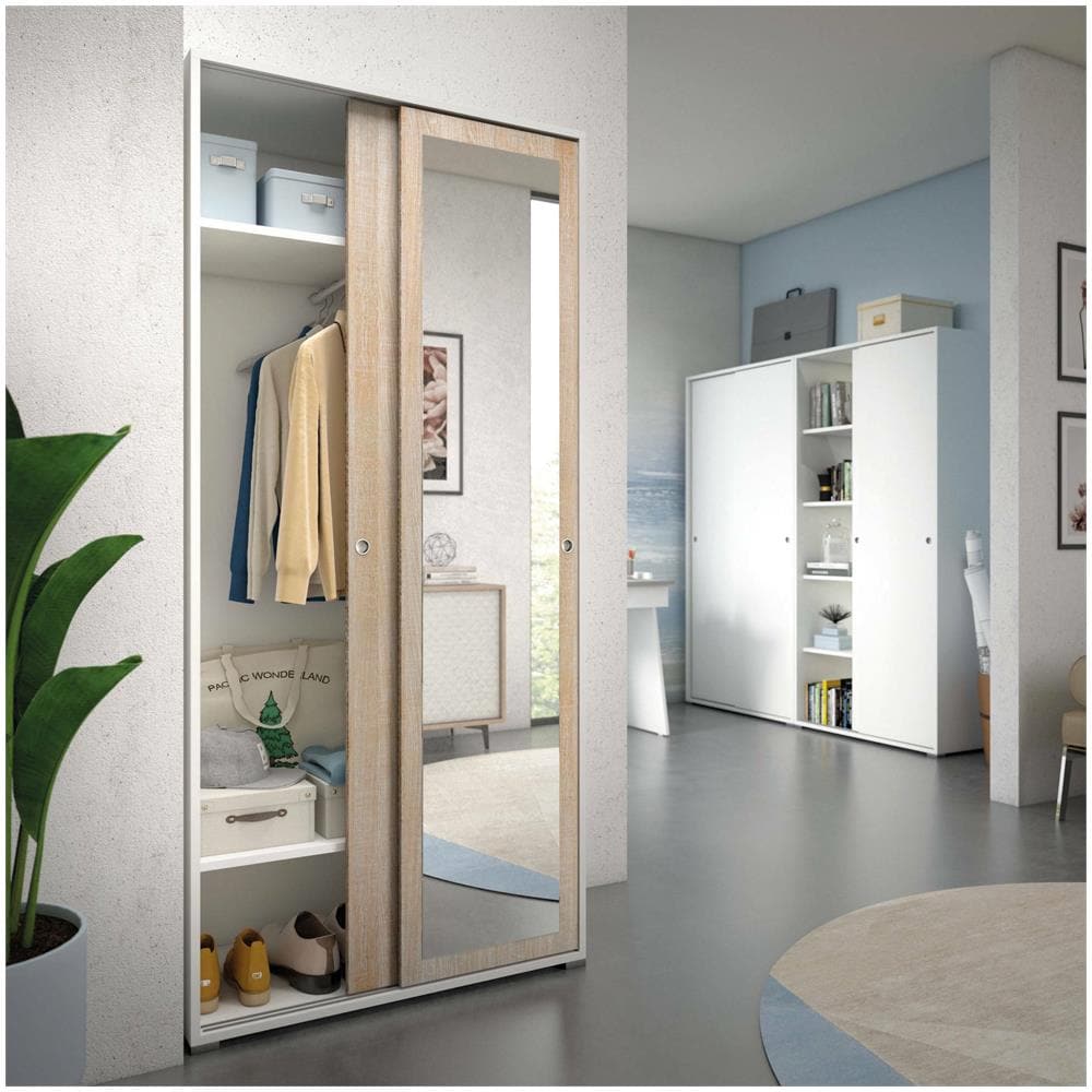 Guardaroba Tulipano, Armadio A 2 Ante Scorrevoli E Specchio, Mobile Con Barra Appendiabiti E Ripiani, 100% Made In Italy, 90x45h195 Cm, Rovere E Bianco - Foto 1