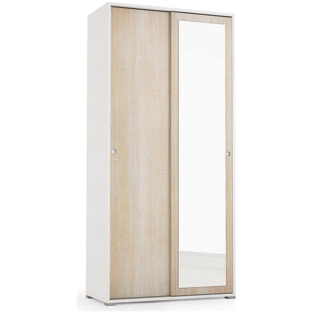 Guardaroba Tulipano, Armadio A 2 Ante Scorrevoli E Specchio, Mobile Con Barra Appendiabiti E Ripiani, 100% Made In Italy, 90x45h195 Cm, Rovere E Bianco - Foto 2