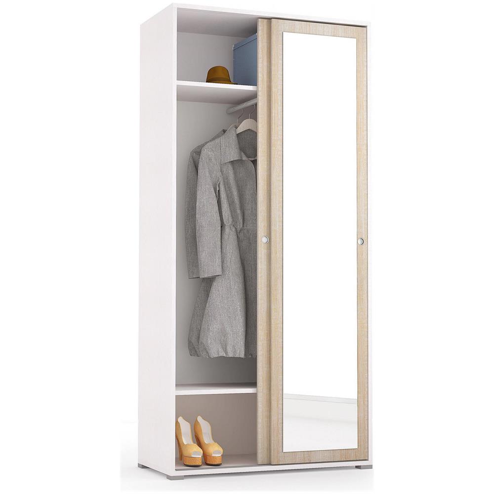 Guardaroba Tulipano, Armadio A 2 Ante Scorrevoli E Specchio, Mobile Con Barra Appendiabiti E Ripiani, 100% Made In Italy, 90x45h195 Cm, Rovere E Bianco - Foto 4