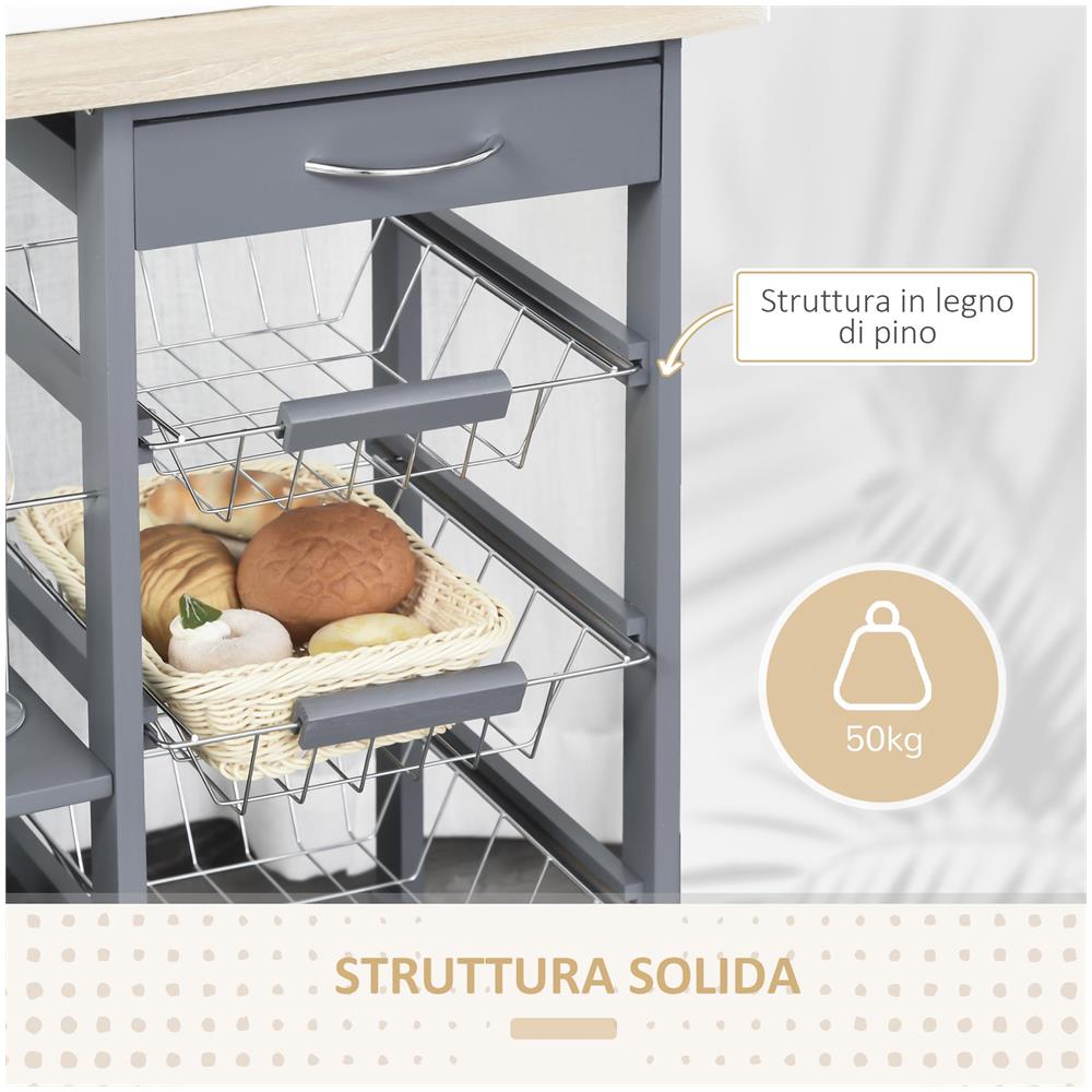 Carrello da Cucina in Grigio Scuro con 1 Cassetto e 4 Cestelli Metallici - Foto 6