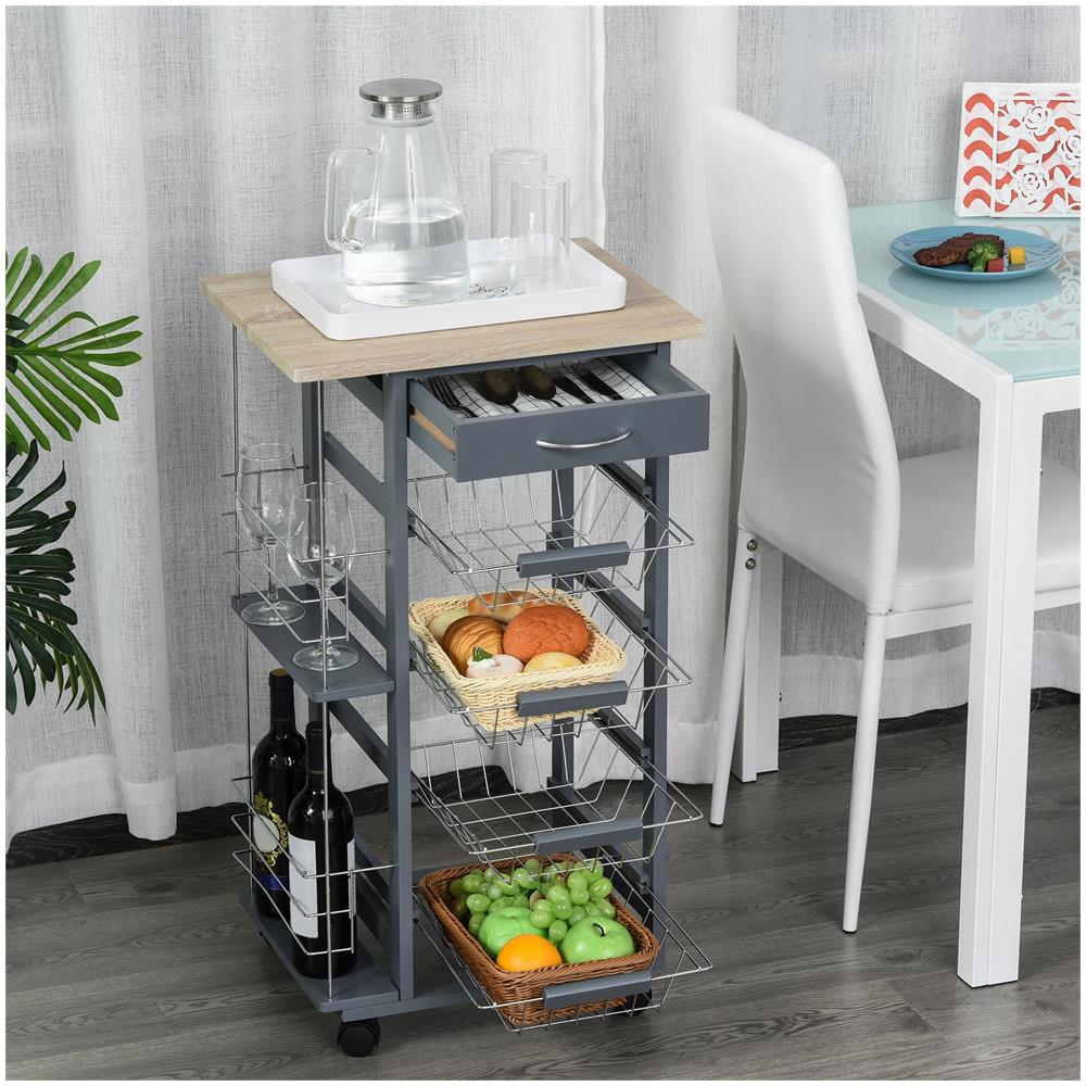 Carrello da Cucina in Grigio Scuro con 1 Cassetto e 4 Cestelli Metallici - Foto 2