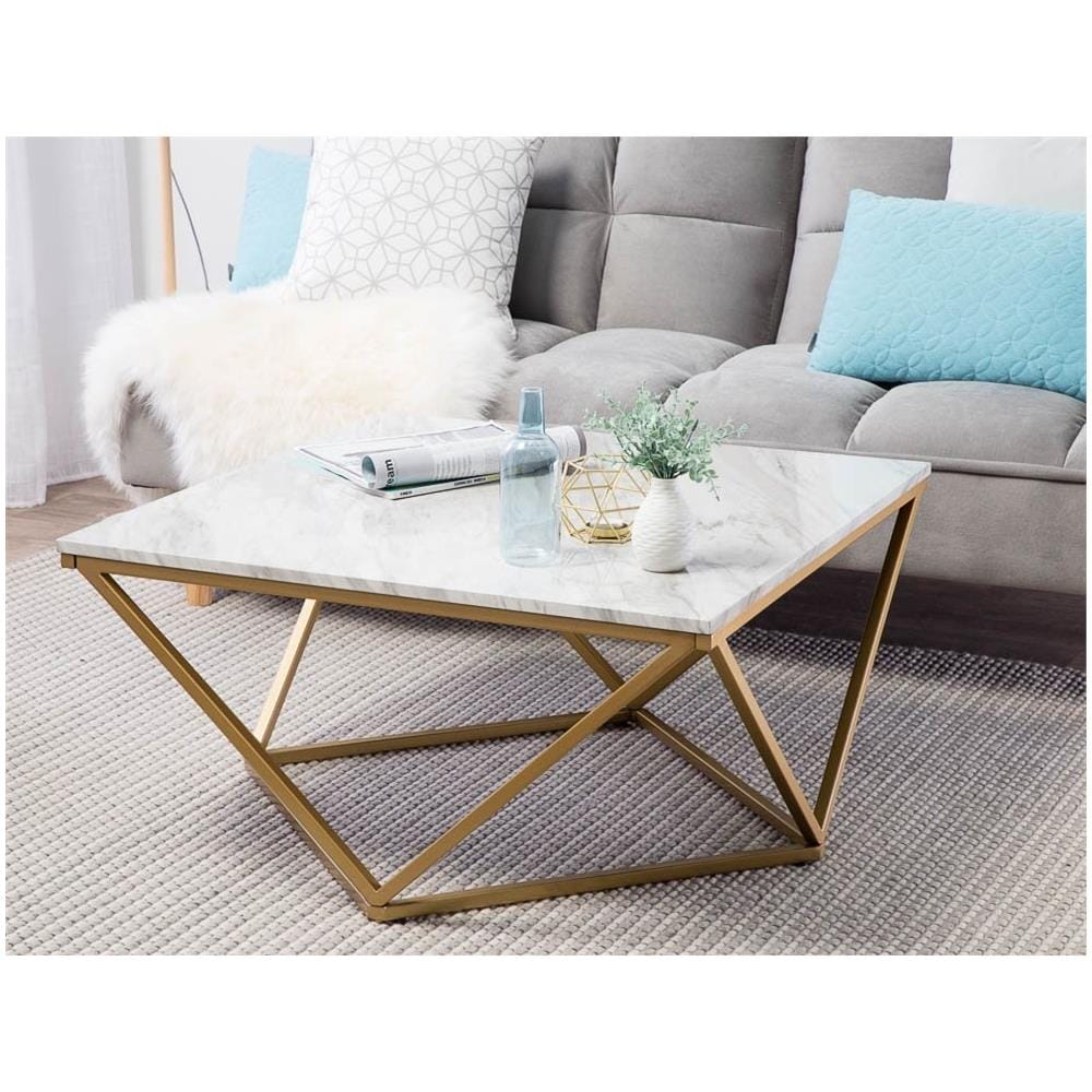 Tavolino Da Caffè Con Piano Bianco Ad Effetto Marmo E Gambe Oro Malibu - Foto 2