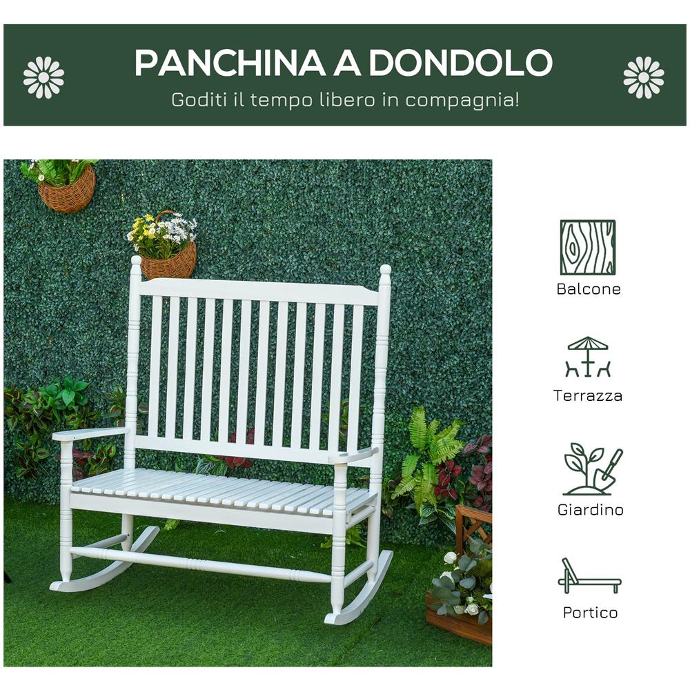 Outsunny Panchina a Dondolo da Giardino 2 Posti con Schienale Alto e Braccioli in Legno 117x85x120cm Bianco 