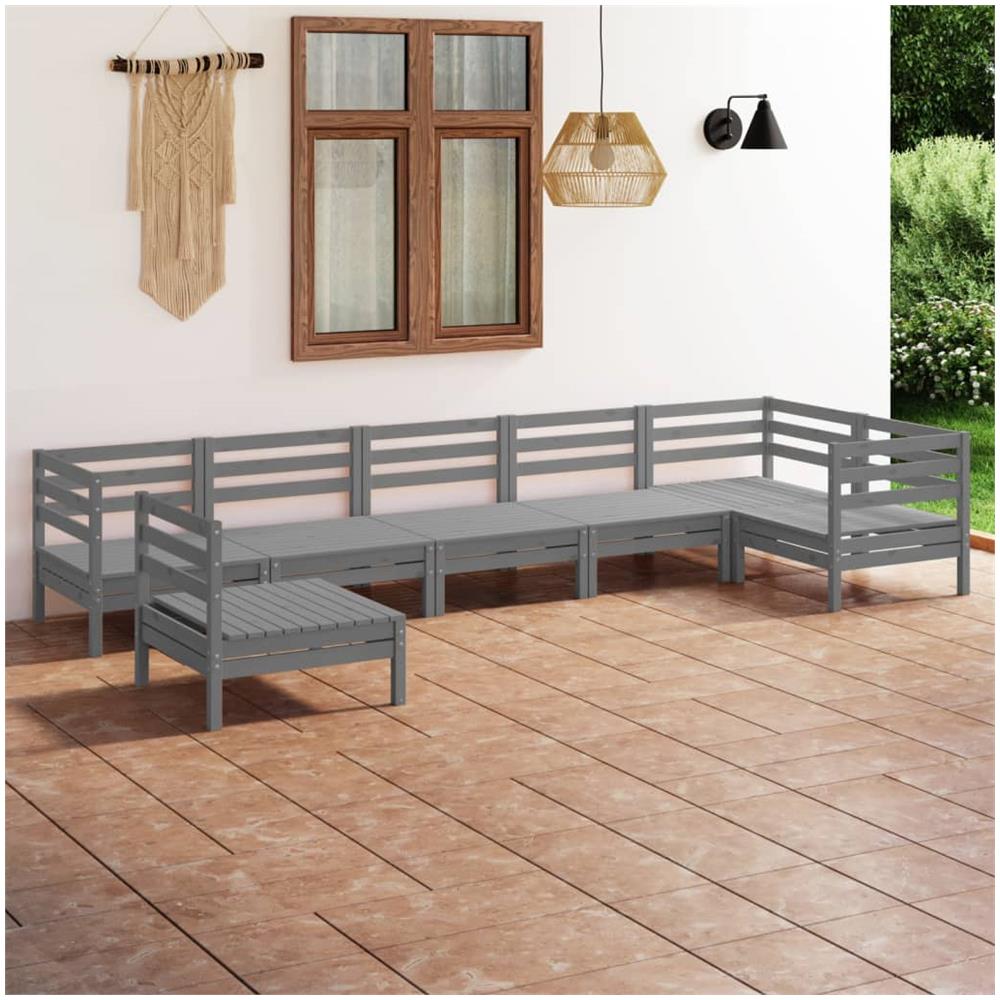 Set Divani Da Giardino 7 Pz In Legno Massello Di Pino Grigio - Foto 1