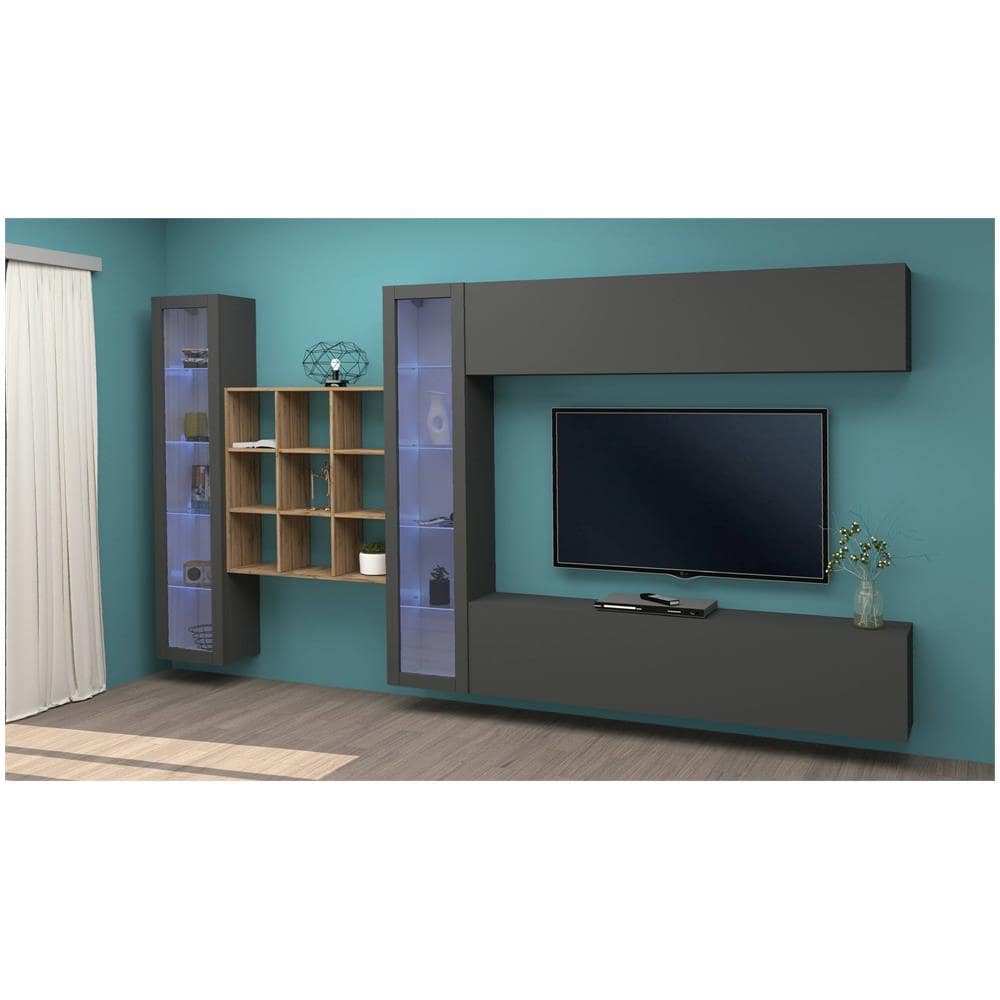 Parete Attrezzata Gustavo, Set Salotto Porta Tv A 4 Ante, Mobile Soggiorno Multiuso Con Vetrina E Luce Led, 100% Made In Italy, Cm 350x30h180, Antracite - Foto 1