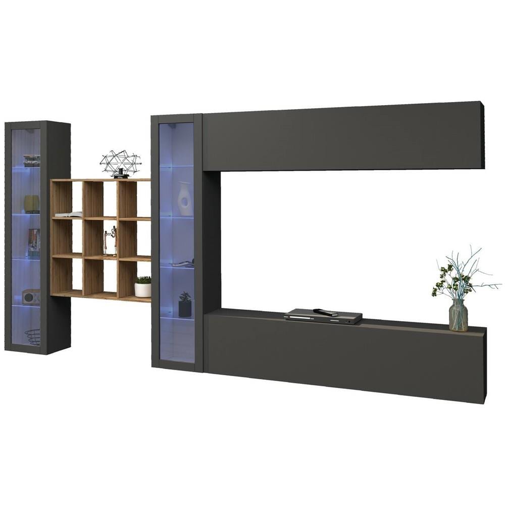 Parete Attrezzata Gustavo, Set Salotto Porta Tv A 4 Ante, Mobile Soggiorno Multiuso Con Vetrina E Luce Led, 100% Made In Italy, Cm 350x30h180, Antracite - Foto 2