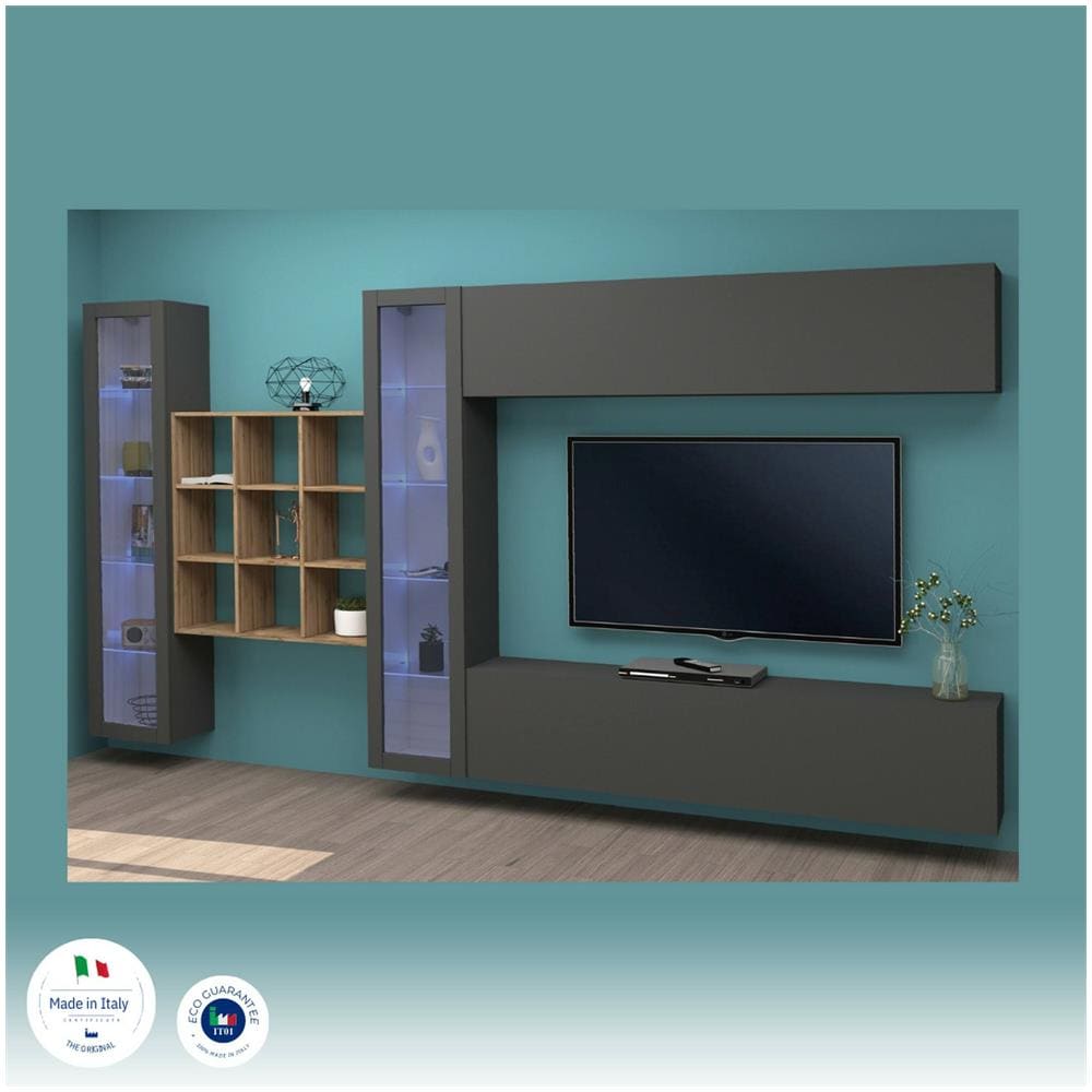 Parete Attrezzata Gustavo, Set Salotto Porta Tv A 4 Ante, Mobile Soggiorno Multiuso Con Vetrina E Luce Led, 100% Made In Italy, Cm 350x30h180, Antracite - Foto 4