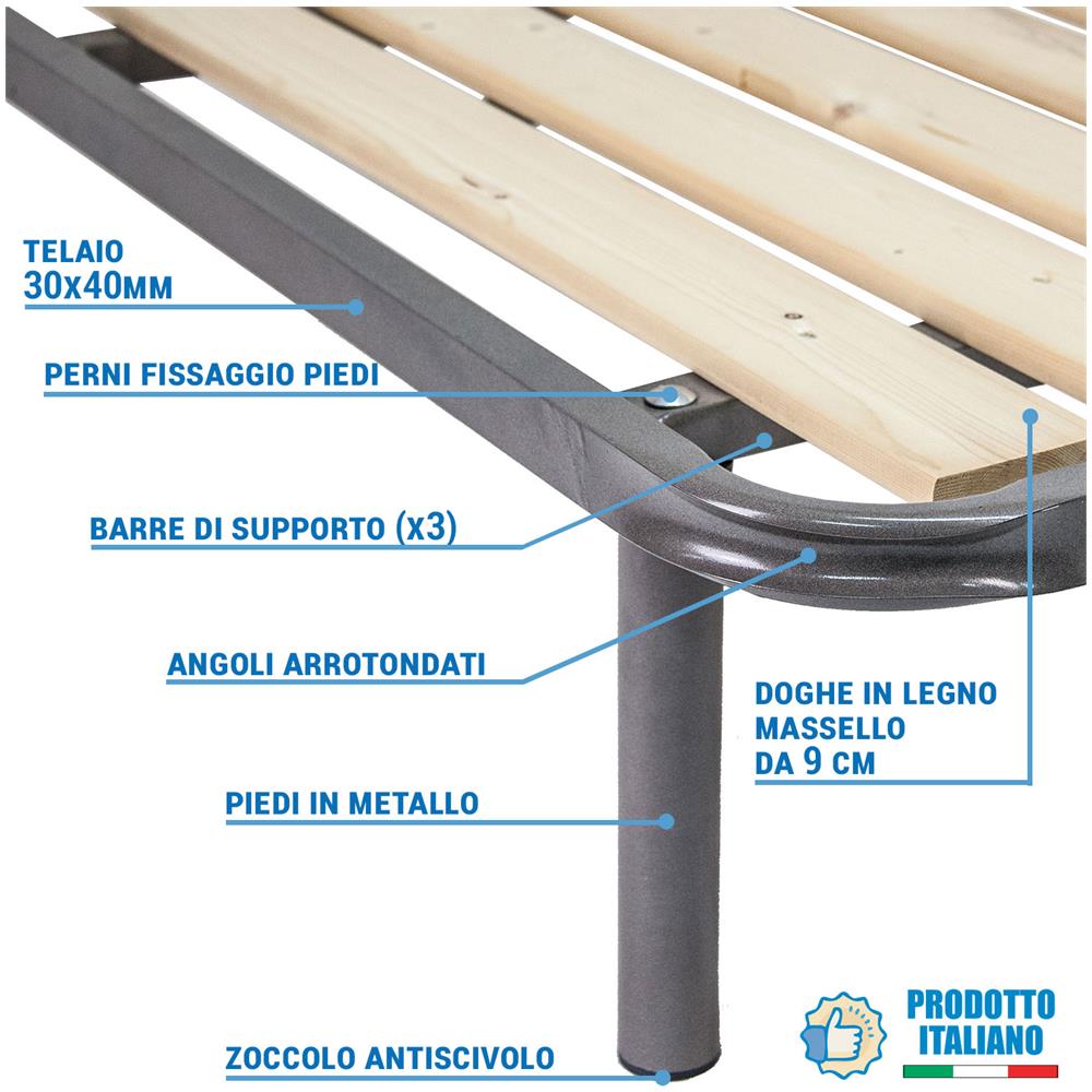 Rete Singola A Doghe Verticali Ortopedica Misure 80 X 190 Cm, Dotata Di Tavole In Legno Massello Da 9cm E Telaio In Metallo E Piedi Inclusi - Foto 2