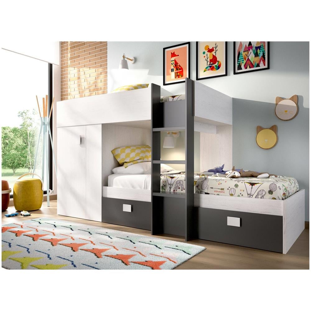 Letto Per Bambini Cevedale, Cameretta Completa Con Armadio E Cassetti, Composizione Letto A Castello Con Due Lettini Singoli, 271x111h150 Cm, Bianco E Antracite - Foto 1
