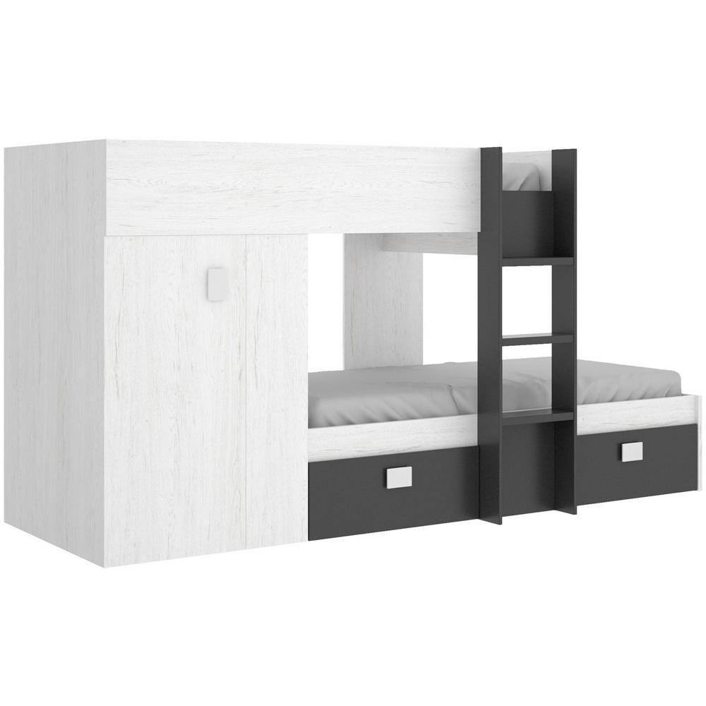 Letto Per Bambini Cevedale, Cameretta Completa Con Armadio E Cassetti, Composizione Letto A Castello Con Due Lettini Singoli, 271x111h150 Cm, Bianco E Antracite - Foto 2