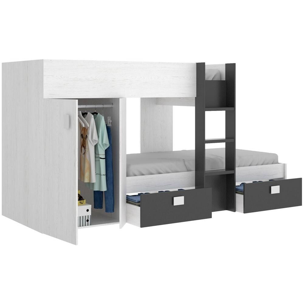 Letto Per Bambini Cevedale, Cameretta Completa Con Armadio E Cassetti, Composizione Letto A Castello Con Due Lettini Singoli, 271x111h150 Cm, Bianco E Antracite - Foto 4