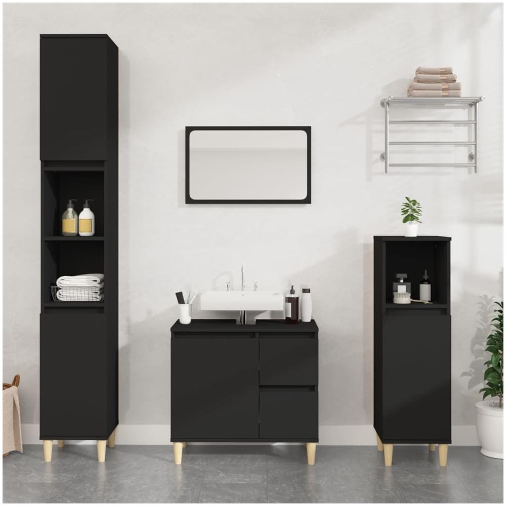 Armadietto Da Bagno Nero 30x30x190 Cm In Legno Multistrato - Foto 1