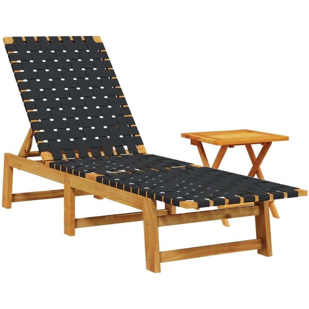 Lettino Prendisole Tavolino Nero Legno Massello Acacia Tessuto - Foto 1