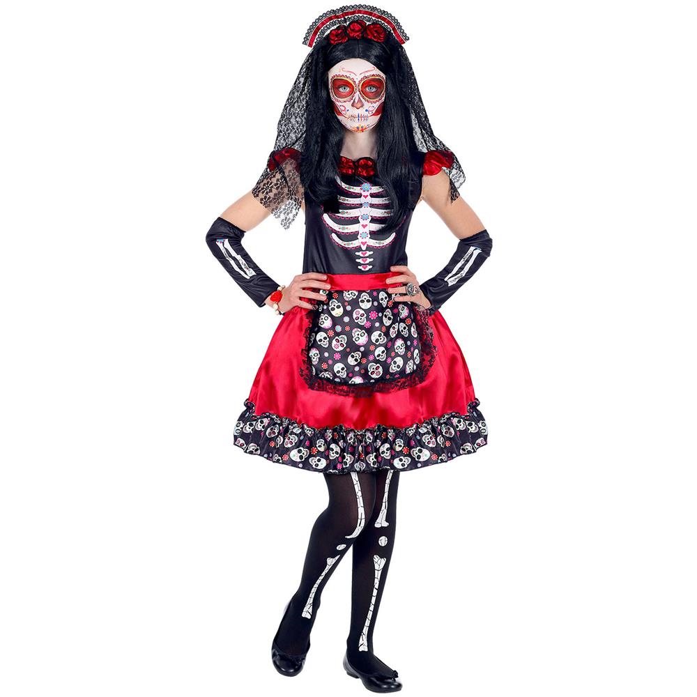 Costume Dia De Los Muertos Nero E Rosso Bambina - Taglia: 14 - 16 Anni (164 Cm)  - Foto 2