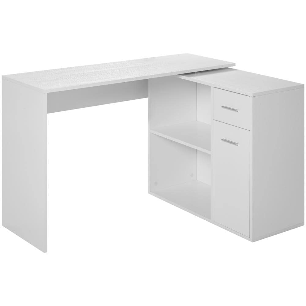 Scrivania Angolare Con Cassetti Estraibile E Scaffale, Girevole 360° Forma A L, Bianca - Foto 1