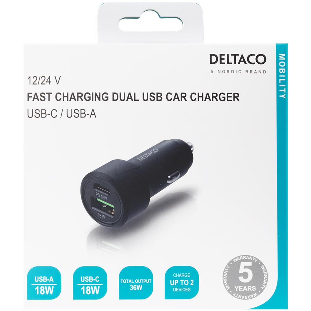 Caricabatteria Da Auto Usb Deltaco, 1x Usb-c, Pd 18 W, 1x Usb-a, 18 W, 36 W, Metallo - Foto 6