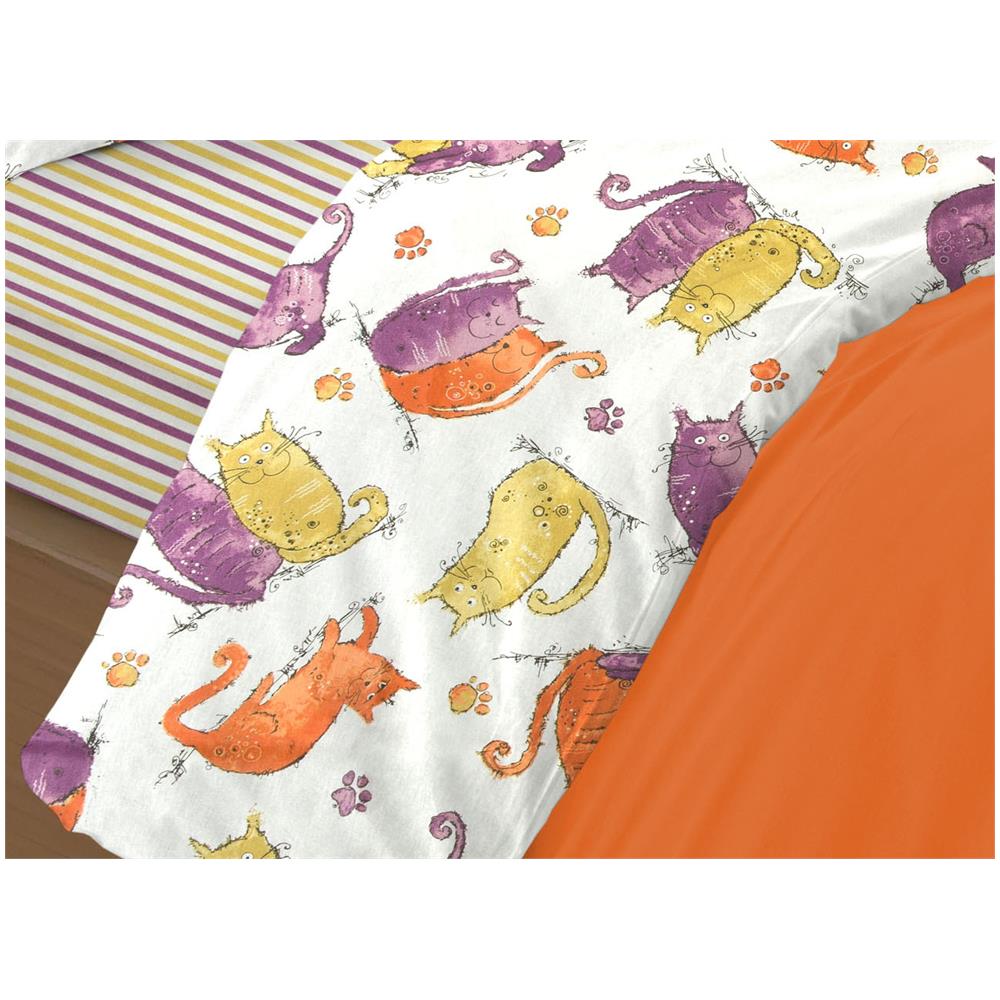 Completo Lenzuola Letto 100% Cotone Disegno Gatti Animali Micio Colorato Mod Rp Made In Italy 2 Piazze Arancio - Foto 2