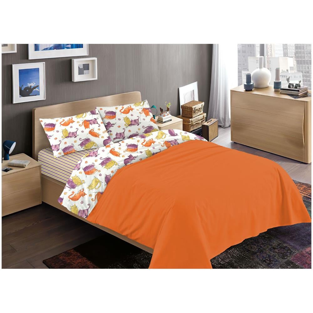 Completo Lenzuola Letto 100% Cotone Disegno Gatti Animali Micio Colorato Mod Rp Made In Italy 2 Piazze Arancio - Foto 1