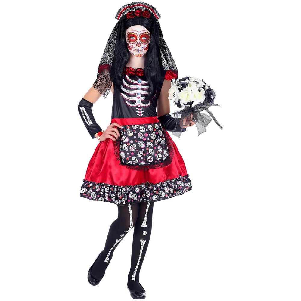 Costume Dia De Los Muertos Nero E Rosso Bambina - Taglia: 8 - 10 Anni (140 Cm)  - Foto 1