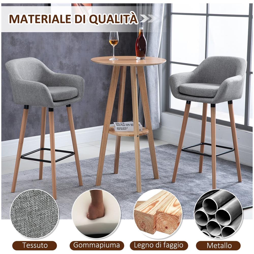 Set Di 2 Sgabelli Da Bar Moderni Con Cuscino, Gambe In Legno E Rivestimento In Tessuto, 55x48x100cm Grigio - Foto 2