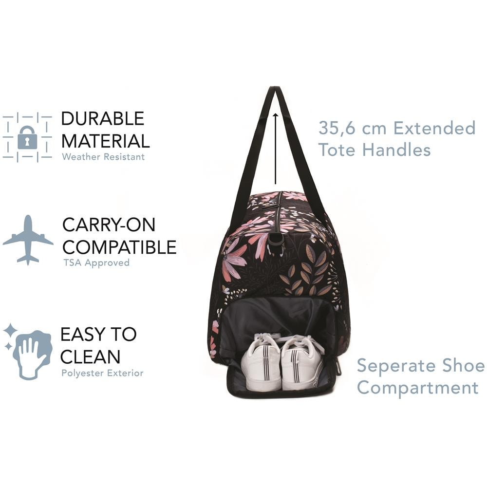 Weekender Bag - 56 Cm. / 52l - Borsa Da Viaggio / Borsa Sportiva / Da Ginnastica Con Tasca Per Scarpe (black Floral)  - Foto 2