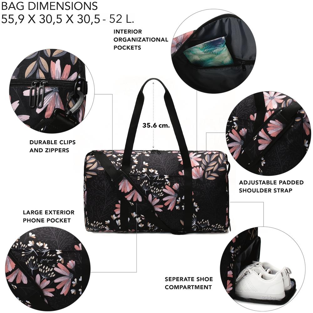 Weekender Bag - 56 Cm. / 52l - Borsa Da Viaggio / Borsa Sportiva / Da Ginnastica Con Tasca Per Scarpe (black Floral)  - Foto 7