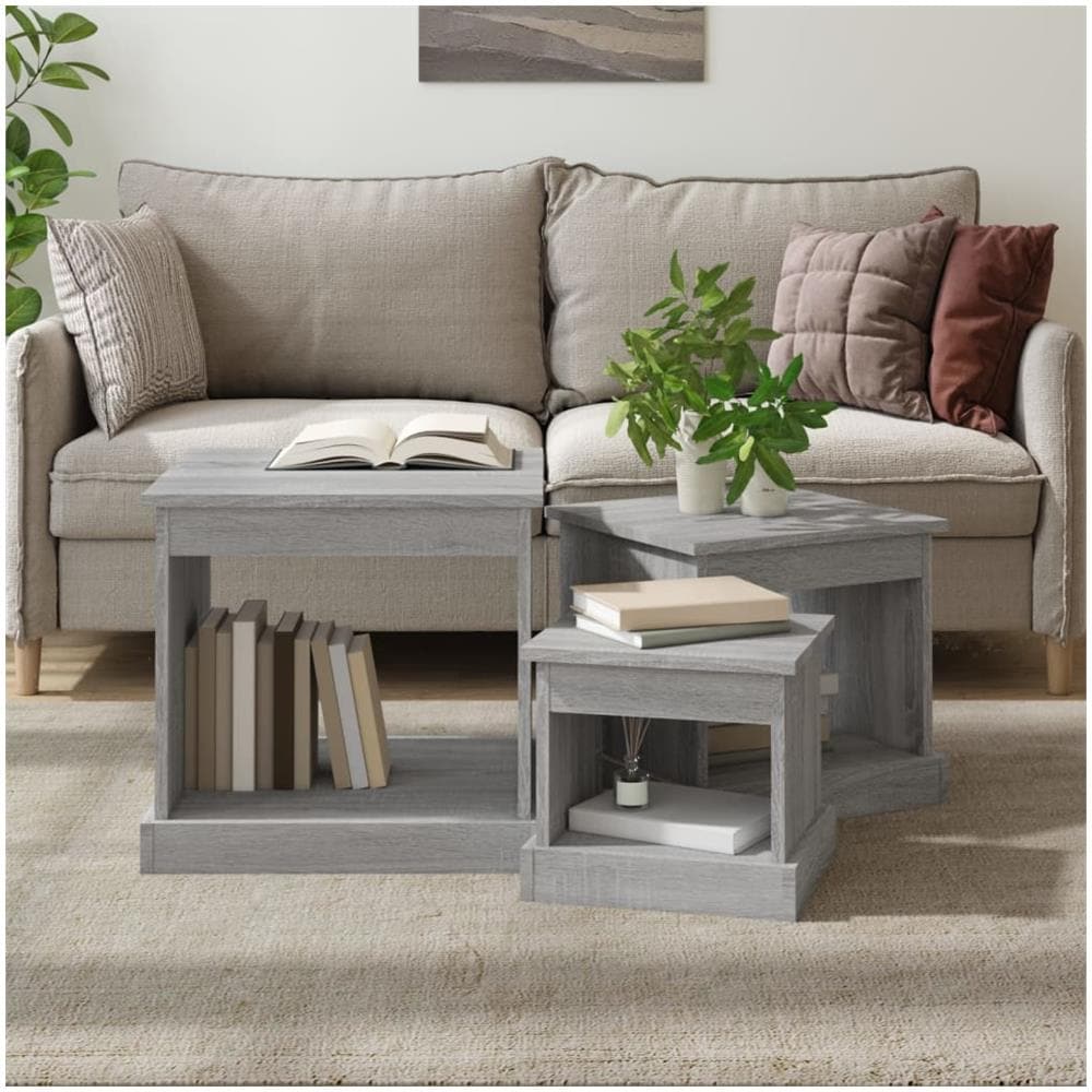 Tavolini Impilabili 3 Pz Grigio Sonoma In Legno Multistrato - Foto 1
