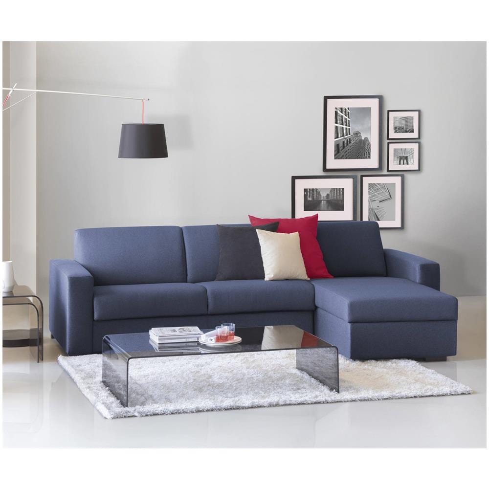 Divano Letto Alisea, Divano Ad Angolo, 100% Made In Italy, Sofà Con Apertura Girevole, Con Penisola Contenitore Reversibile, Con Braccioli Slim, Cm 260x95h90, Blu - Foto 1
