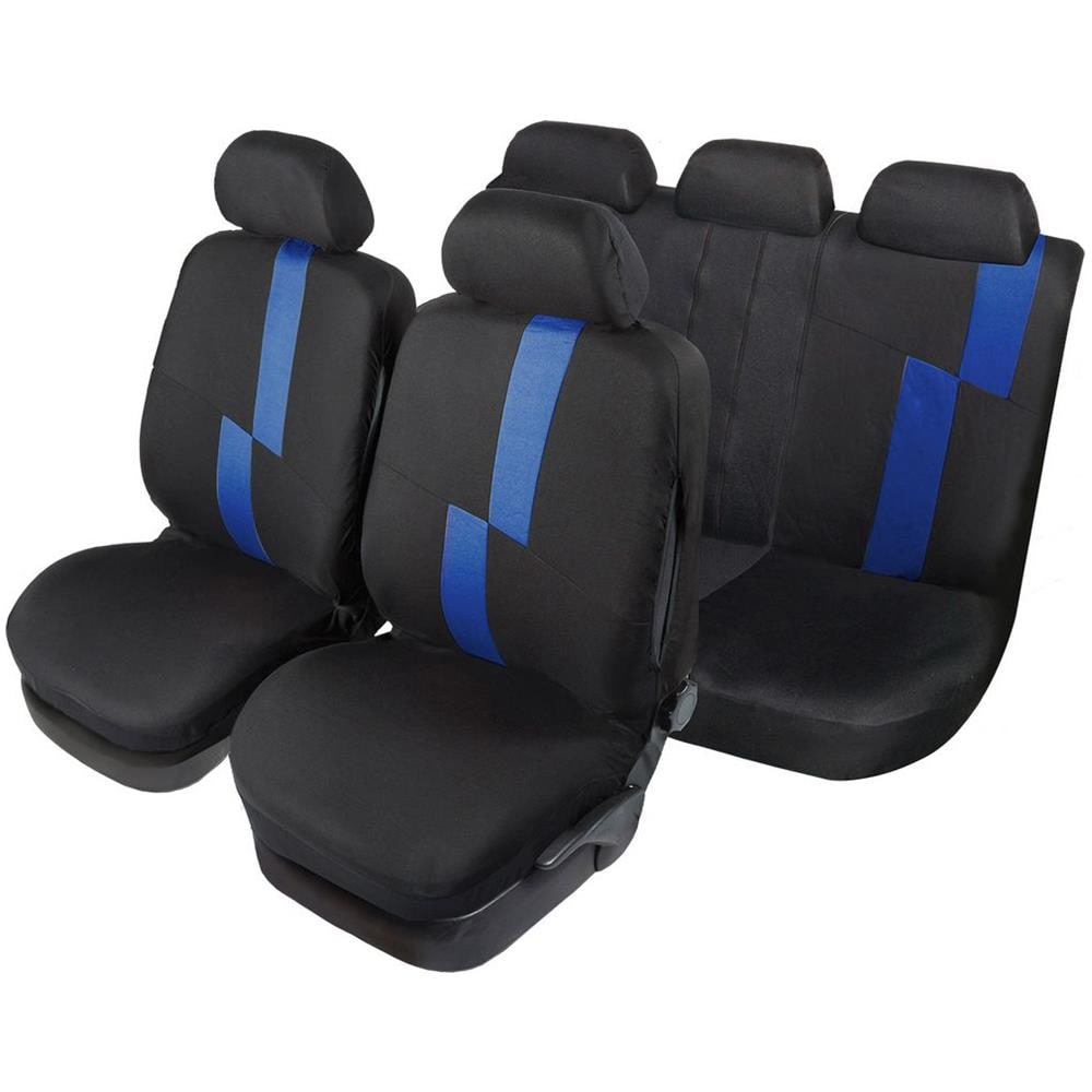 Set Completo Coprisedili Flash Auto Universale Airbag Poggiatesta Poliestere Protezione Comoditã Nero Blu - Foto 1