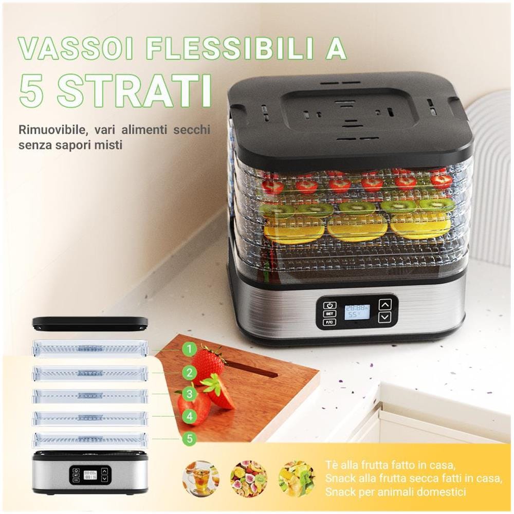 Essiccatore per alimenti con 5 vassoi, 240 W, display LED, temperatura regolabile 35-75 °C, timer 1-72 ore - Foto 1