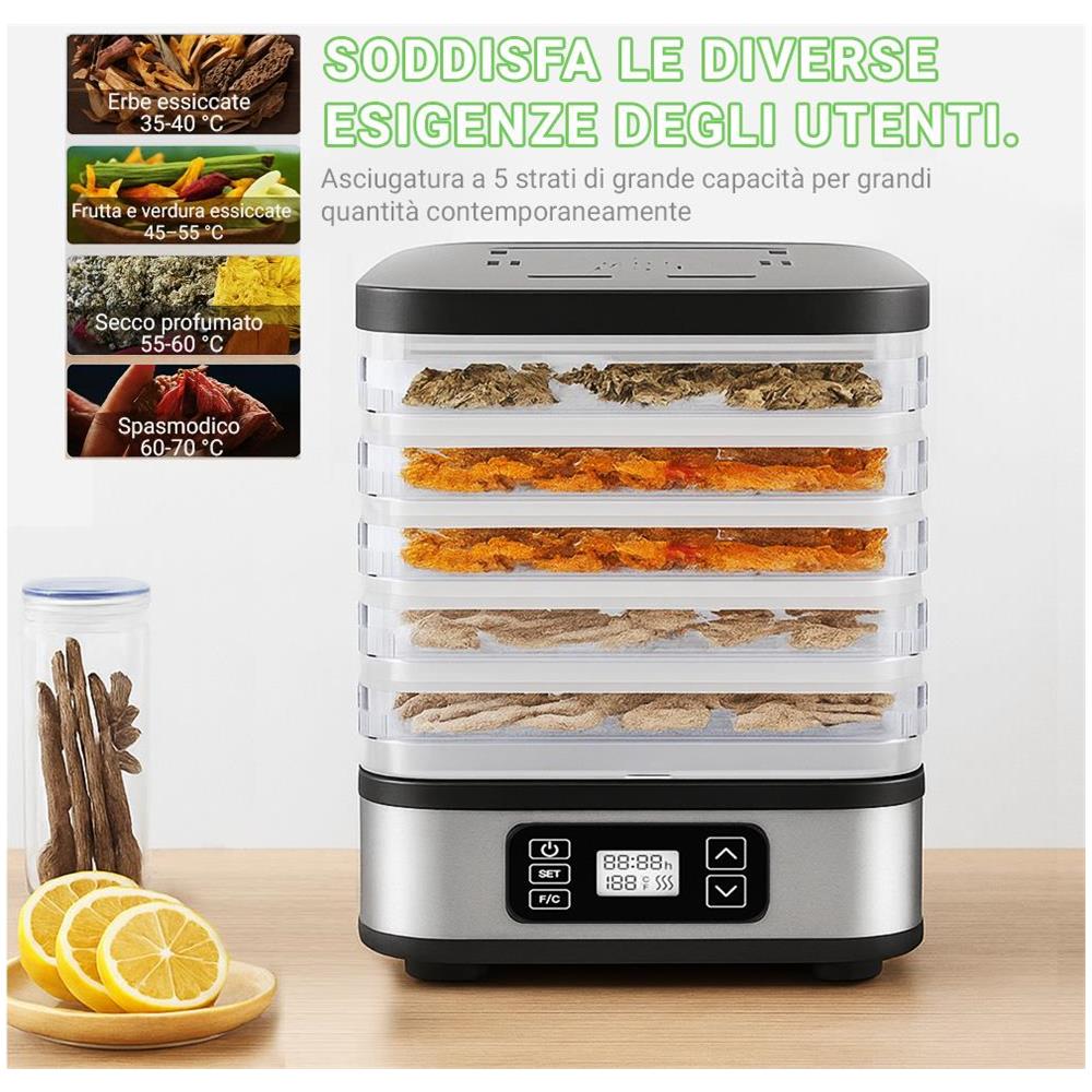 Essiccatore per alimenti con 5 vassoi, 240 W, display LED, temperatura regolabile 35-75 °C, timer 1-72 ore - Foto 3