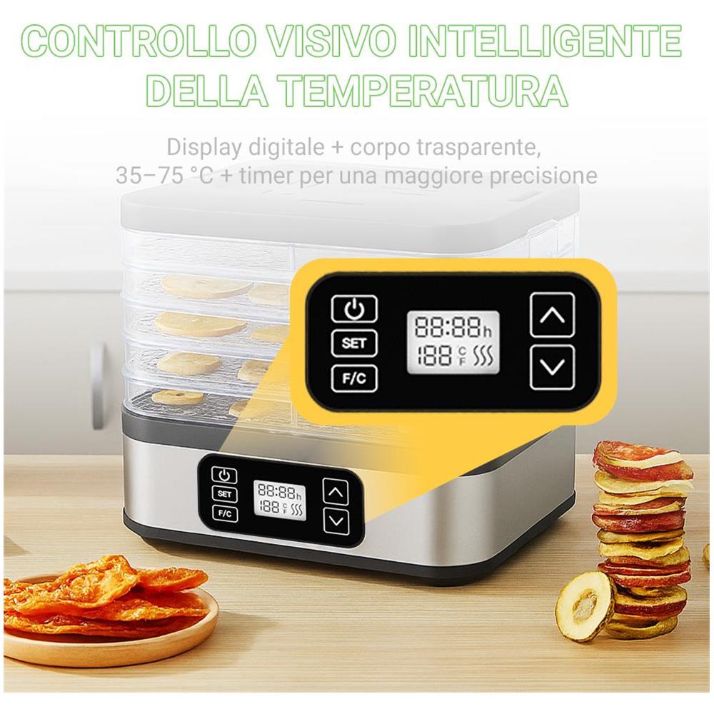 Essiccatore per alimenti con 5 vassoi, 240 W, display LED, temperatura regolabile 35-75 °C, timer 1-72 ore - Foto 2