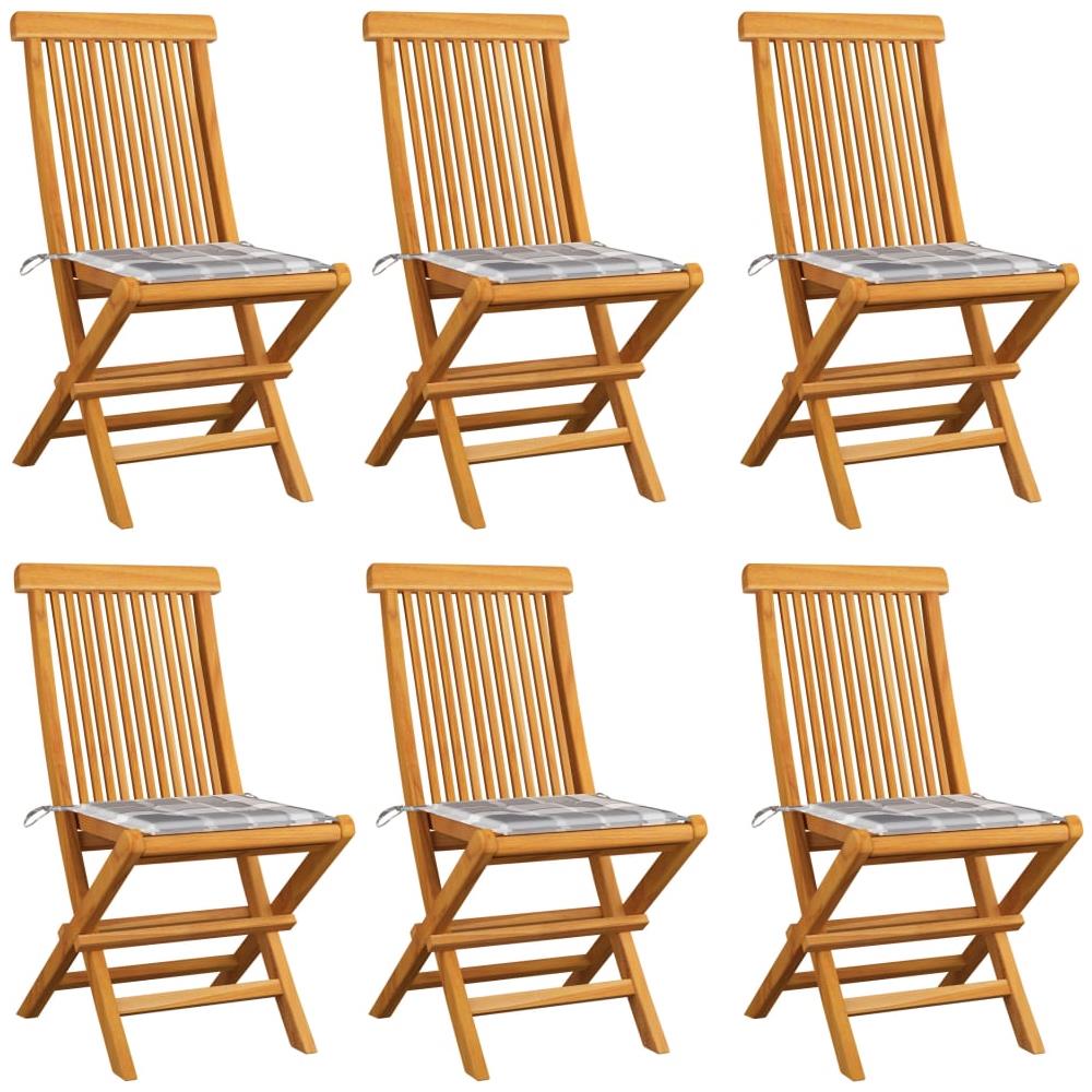 Sedie Da Giardino E Cuscini Grigi A Quadri 6 Pz Massello Teak - Foto 1
