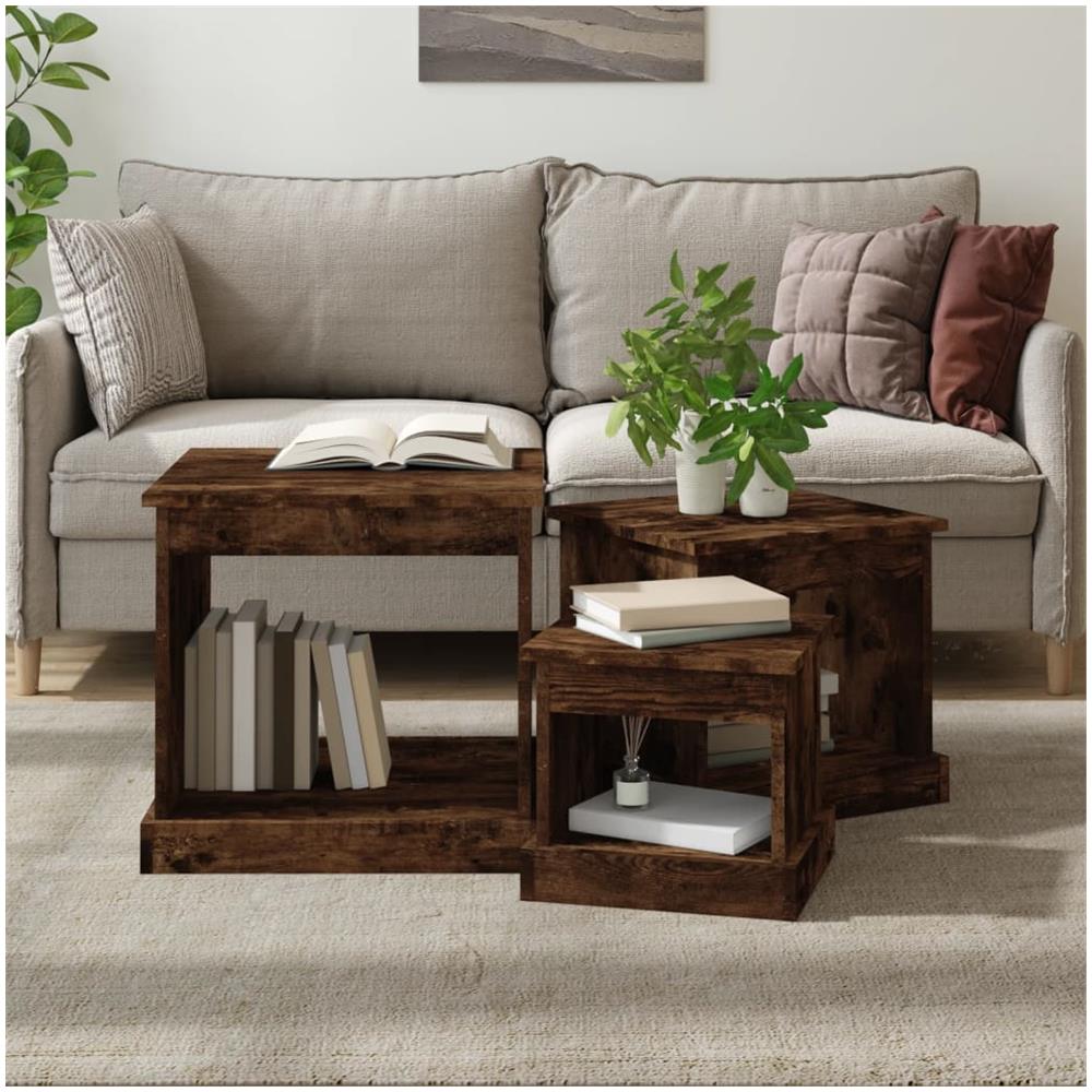 Tavolini Impilabili 3 Pz Rovere Fumo In Legno Multistrato - Foto 1