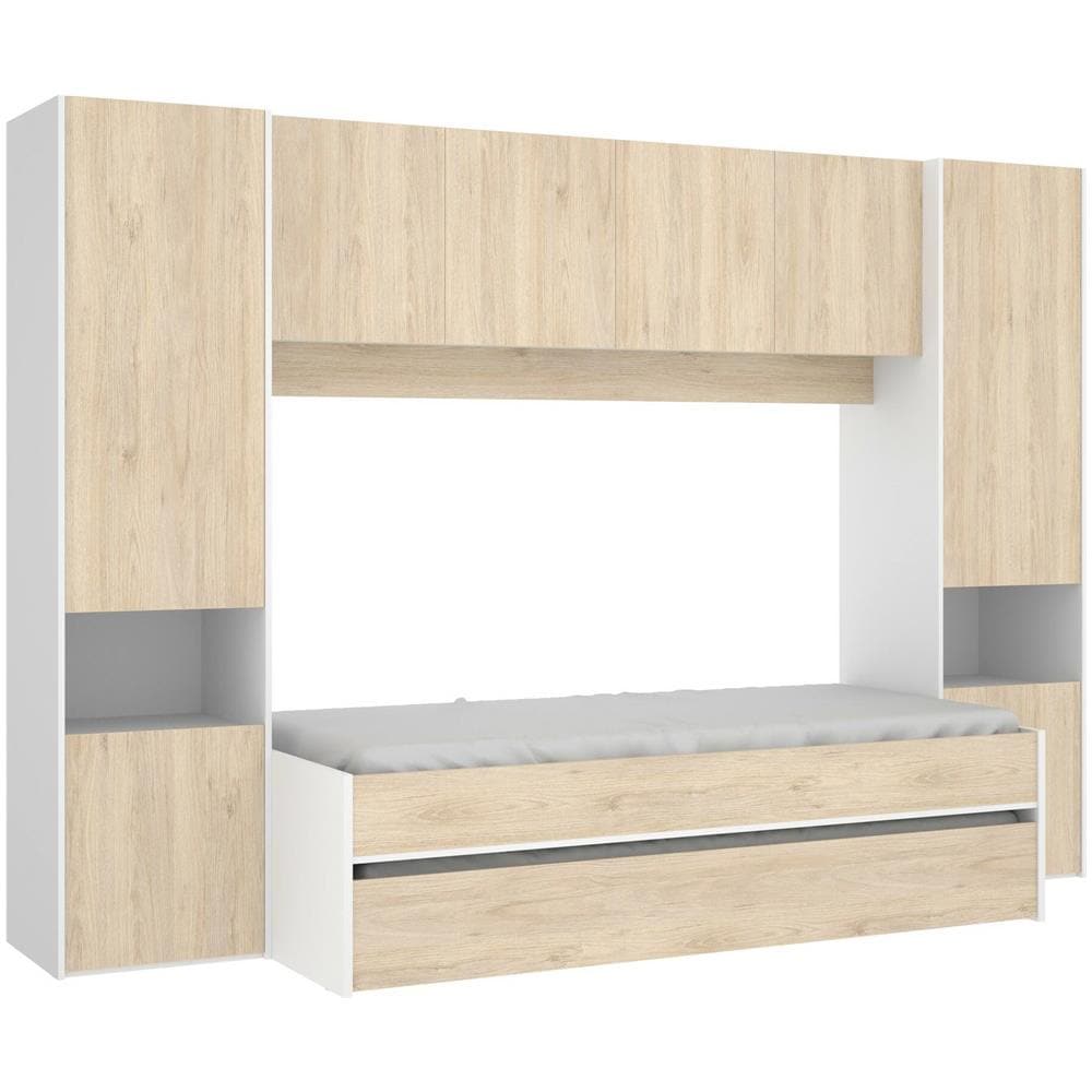 Letto Per Bambini Venturosa, Cameretta Completa Con Armadio A Ponte E Cassettone, Composizione Con Letto E Lettino Singolo Estraibile, 303x97h203 Cm, Rovere E Bianco - Foto 2