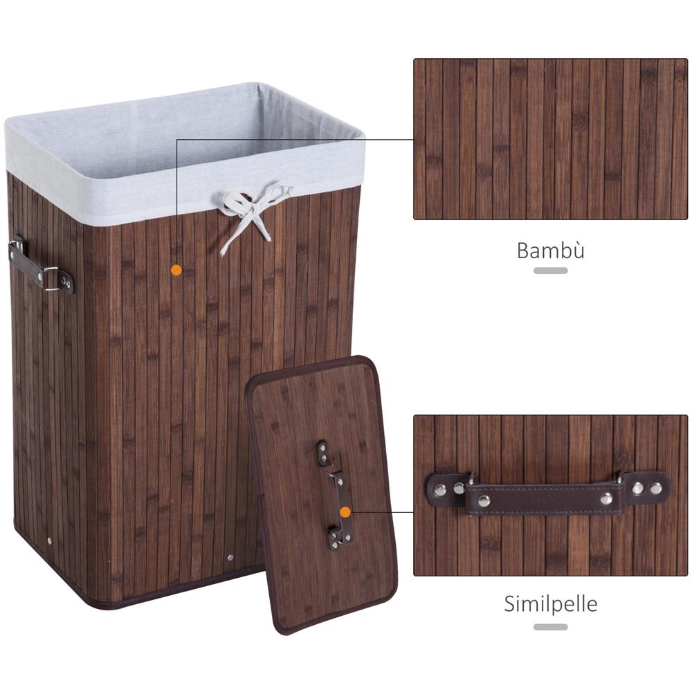 Cesto Portabiancheria in Bamb? con Coperchio e Sacco in Tessuto Rimovibile, 40x30x60cm, Marrone - Foto 6