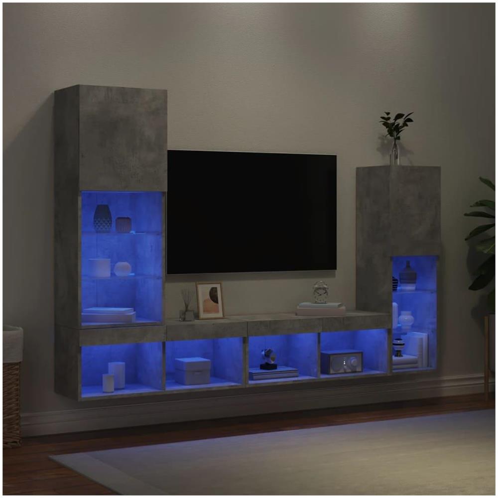 Mobili TV a Muro con LED 4pz Grigio Cemento Legno Multistrato - Foto 2