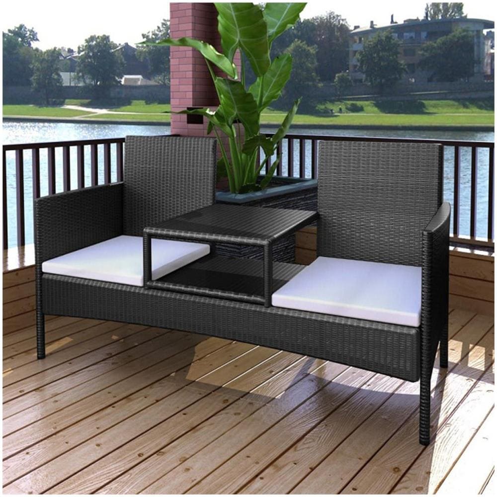 Panchina A 2 Posti Con Tavolino Da Tè In Polyrattan Nera - Foto 1