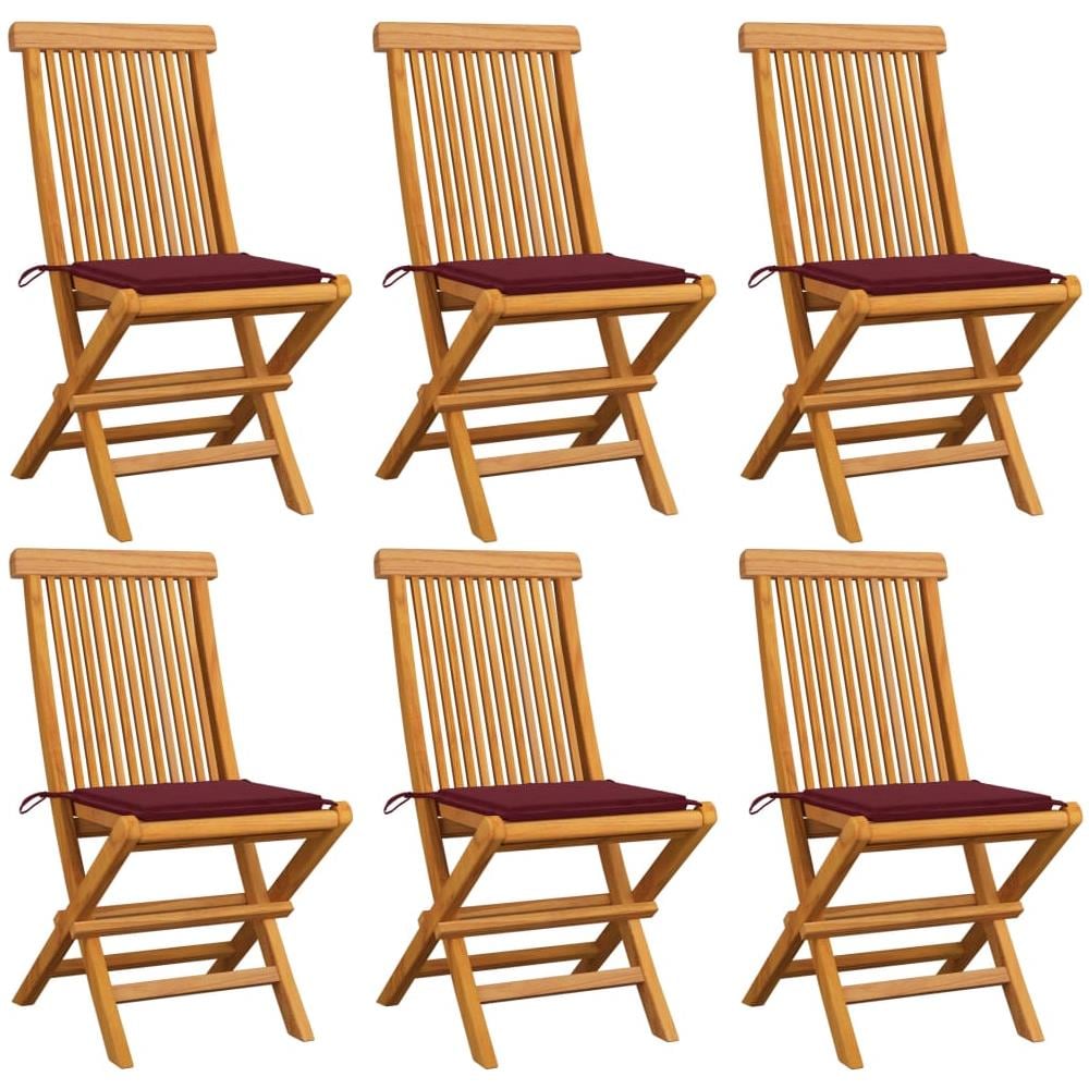 Sedie da Giardino con Cuscini Rosso Vino 6 pz Massello di Teak - Foto 1