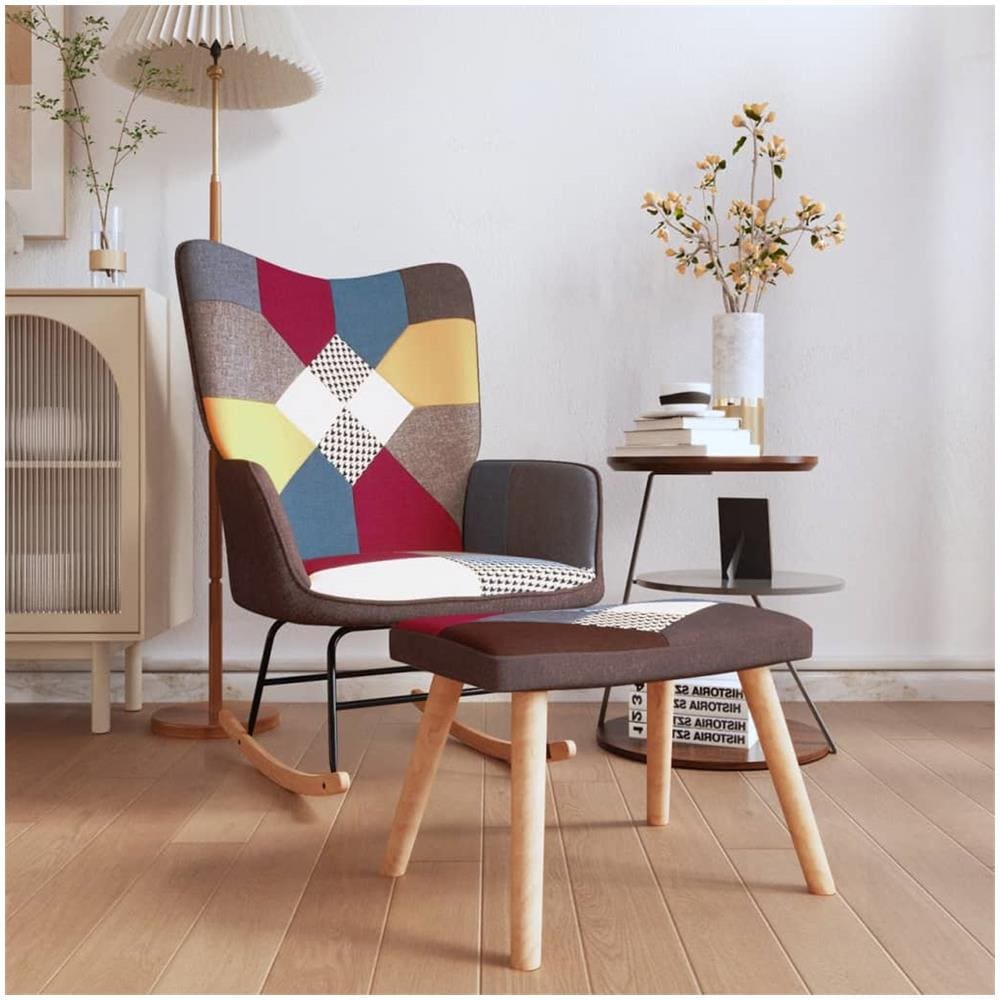 Sedia a Dondolo con Poggiapiedi in Tessuto Patchwork - Foto 1