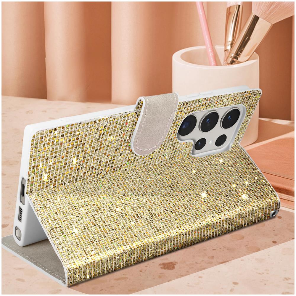 Custodia Per Samsung S23 Ultra Paillette Disco Portafoglio Supporto Video Oro - Foto 2