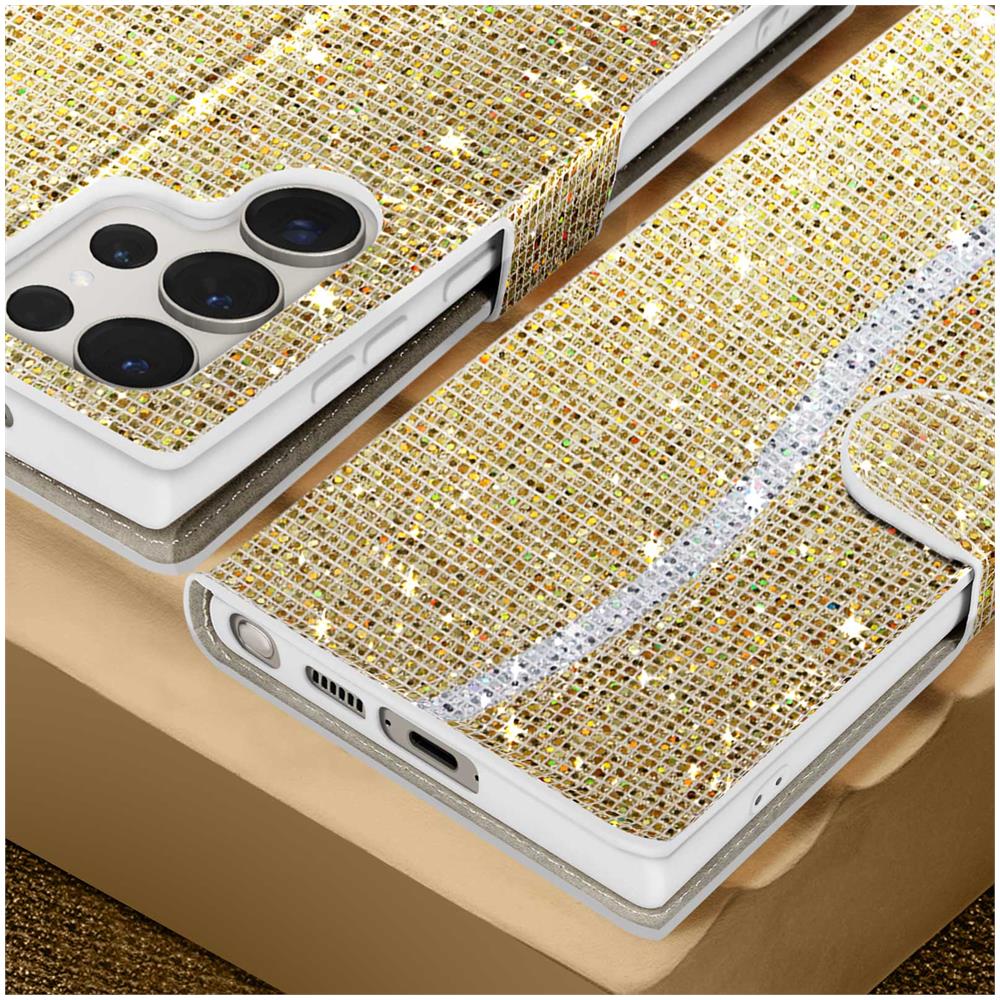 Custodia Per Samsung S23 Ultra Paillette Disco Portafoglio Supporto Video Oro - Foto 5