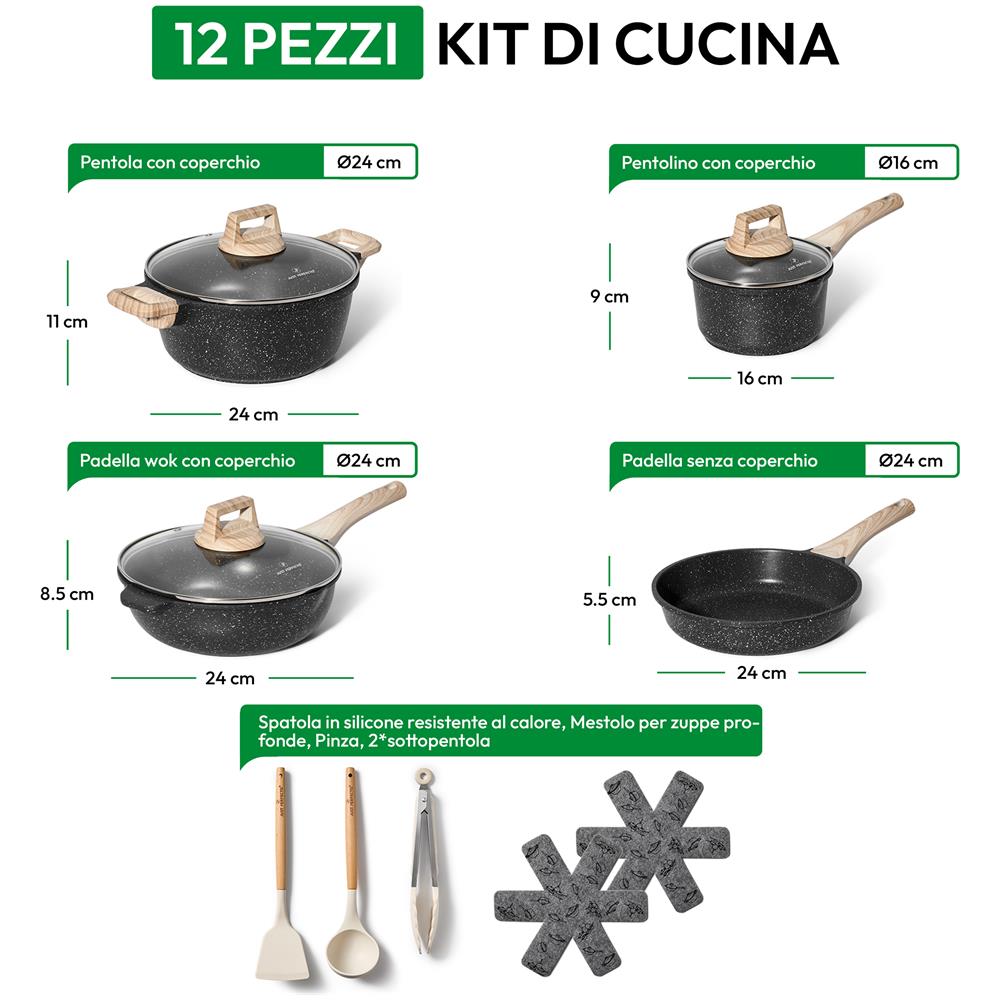 Set Pentole, Padelle e Spatole Antiaderenti a Induzione 12 Pezzi Nero - Foto 2