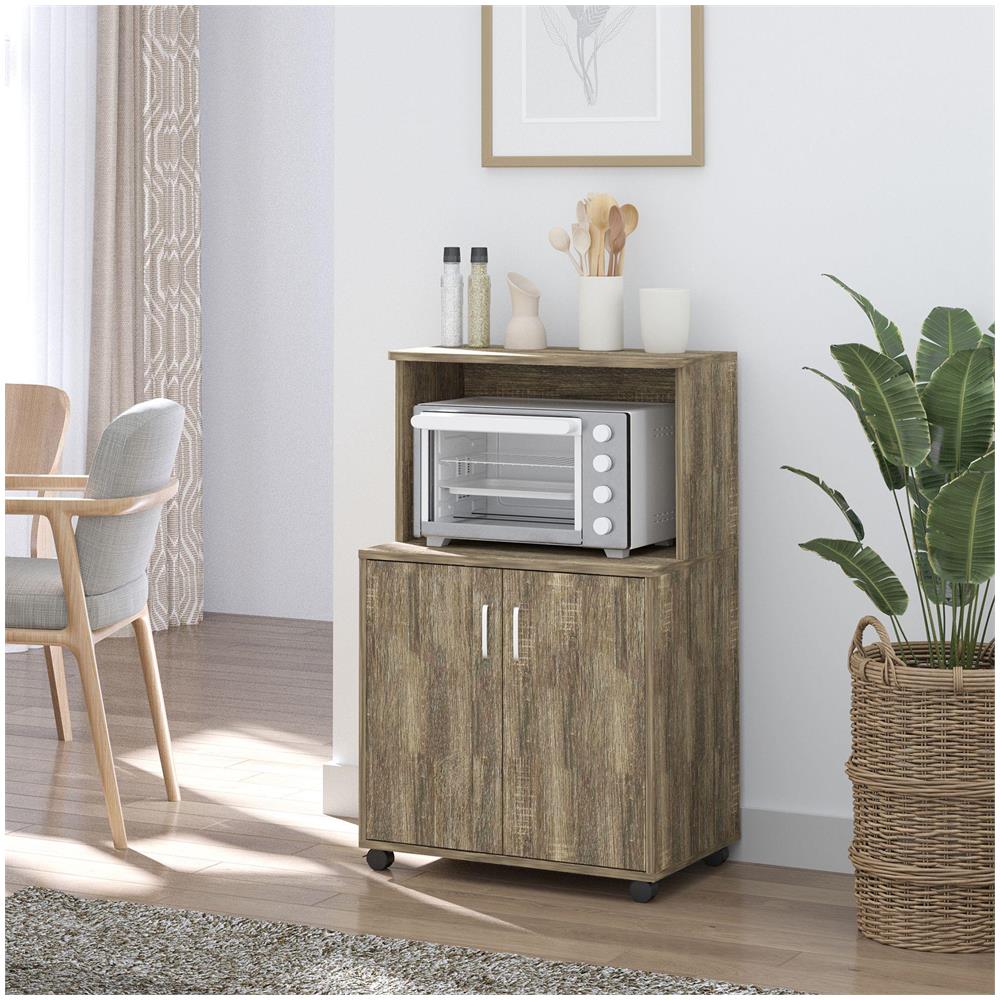 Mobile Cucina Multiuso con 4 Ruote, Armadietto e Ripiano per Microonde, 60.4x40.3x97cm - Grigio - Foto 2