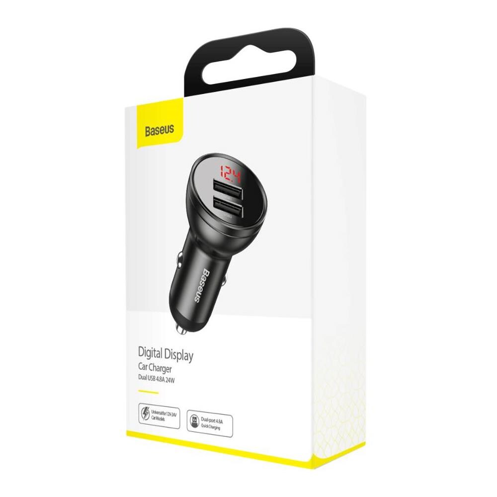 Caricatore Per Auto Da Accendisigari A 2 Porte Usb Da 24w Con Schermo, Grigio Scuro - Foto 2