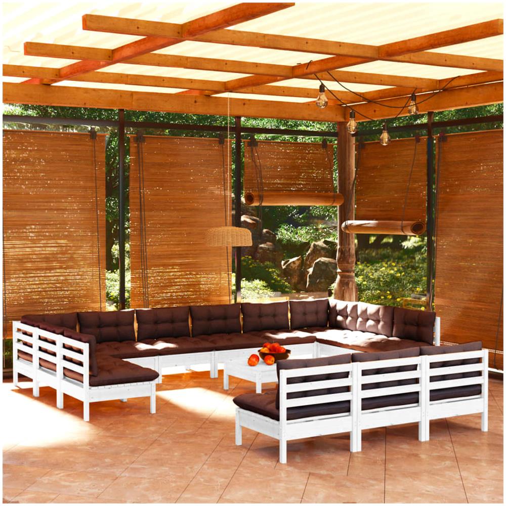 Set Divani Da Giardino 14 Pz Con Cuscini Bianchi Legno Di Pino - Foto 1