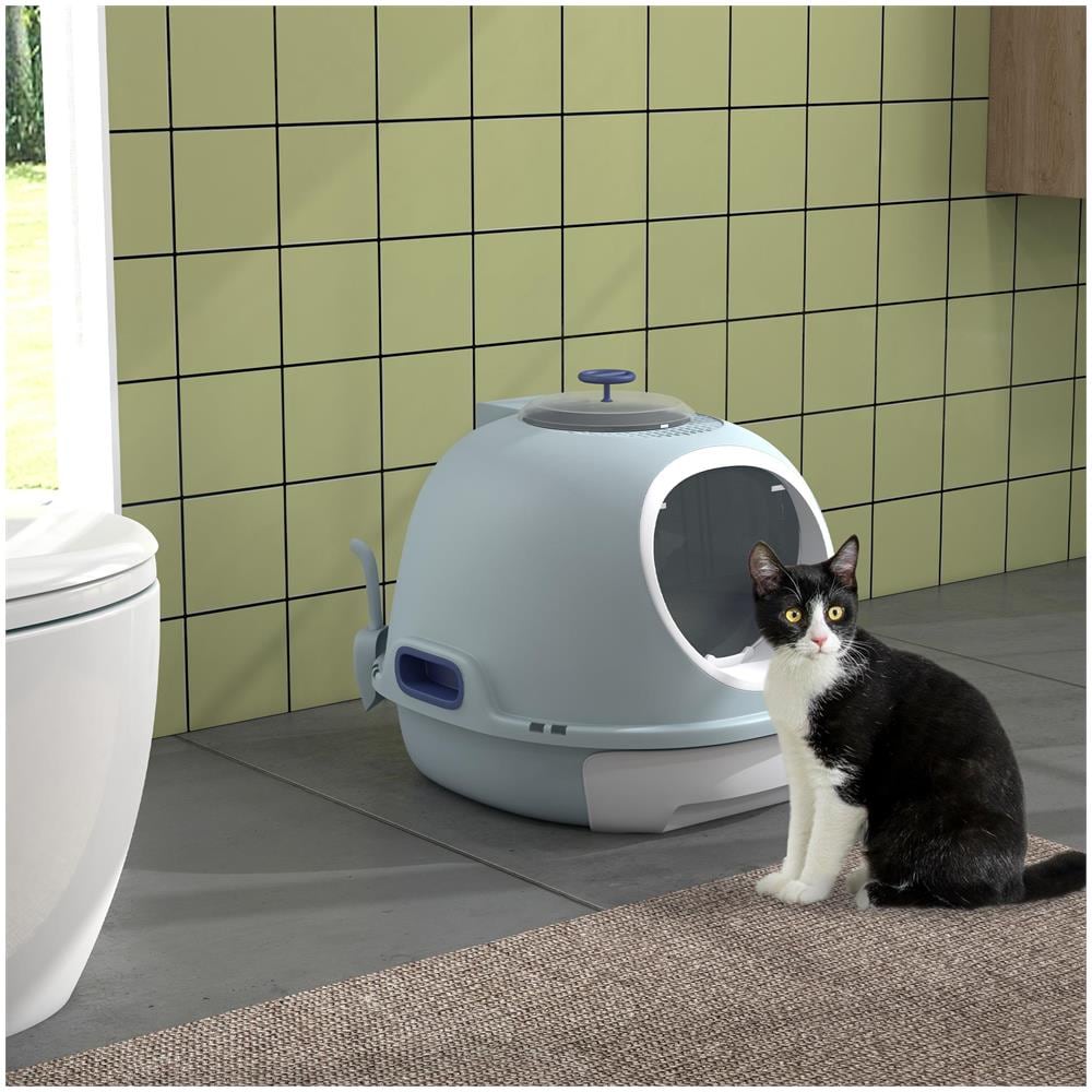 Lettiera per Gatti Chiusa con Vassoio Estraibile, 2 Ingressi e Paletta, 47x55x44cm, Azzurro - Foto 2
